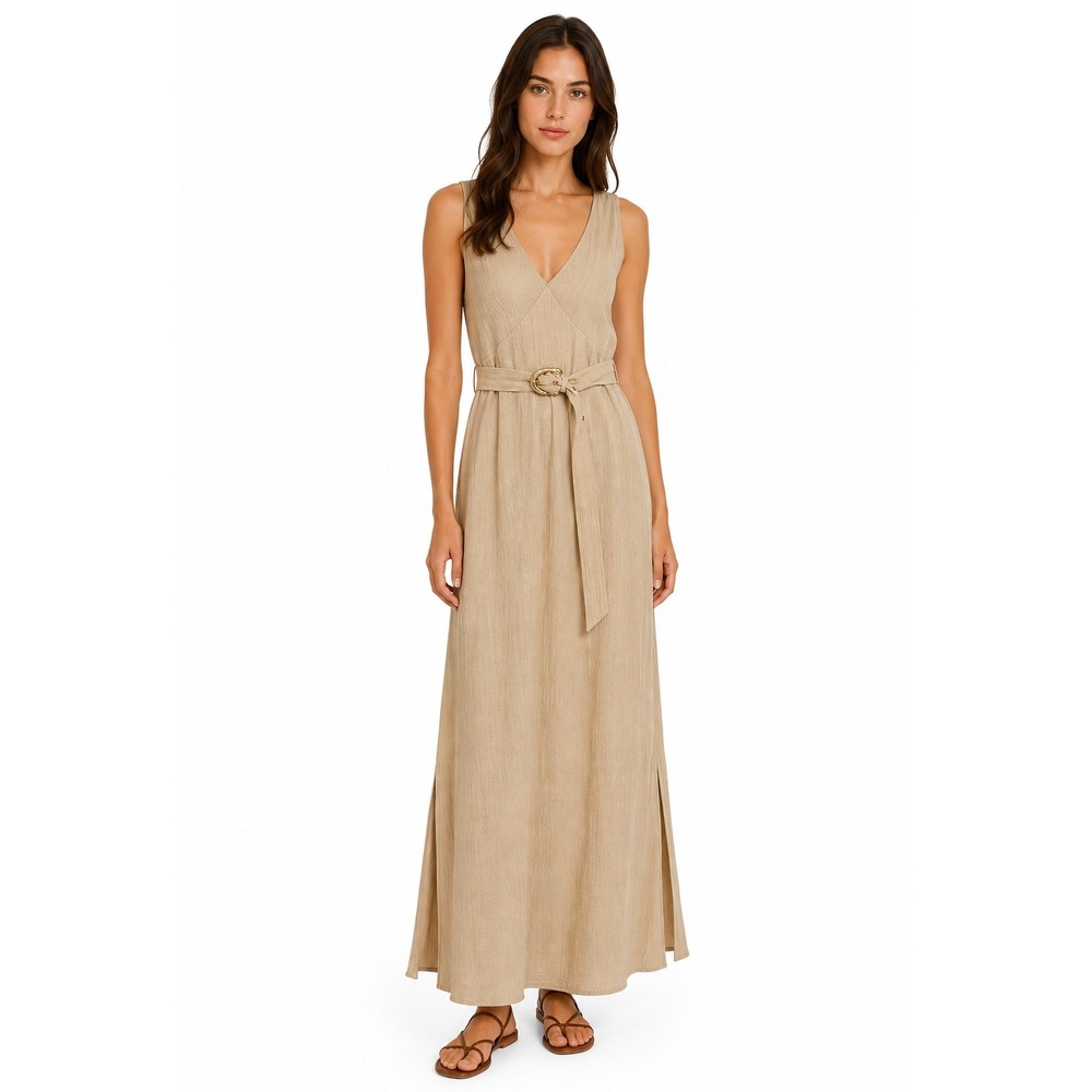 Nanushka Lily Sand Pleat Voile Belted Sleeveless Maxi Dress Beige Medium NWT - Picture 1 of 15
